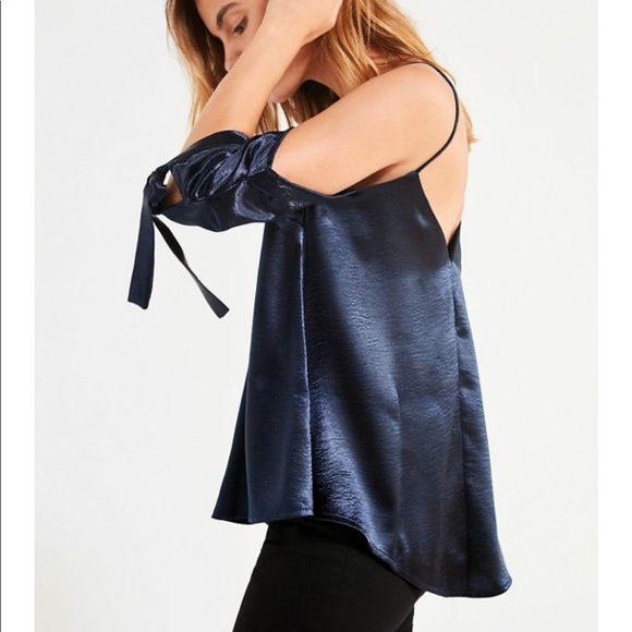 NWT UO Silky Satin Navy Tie Off Shoulder Top - Picture 3 of 5